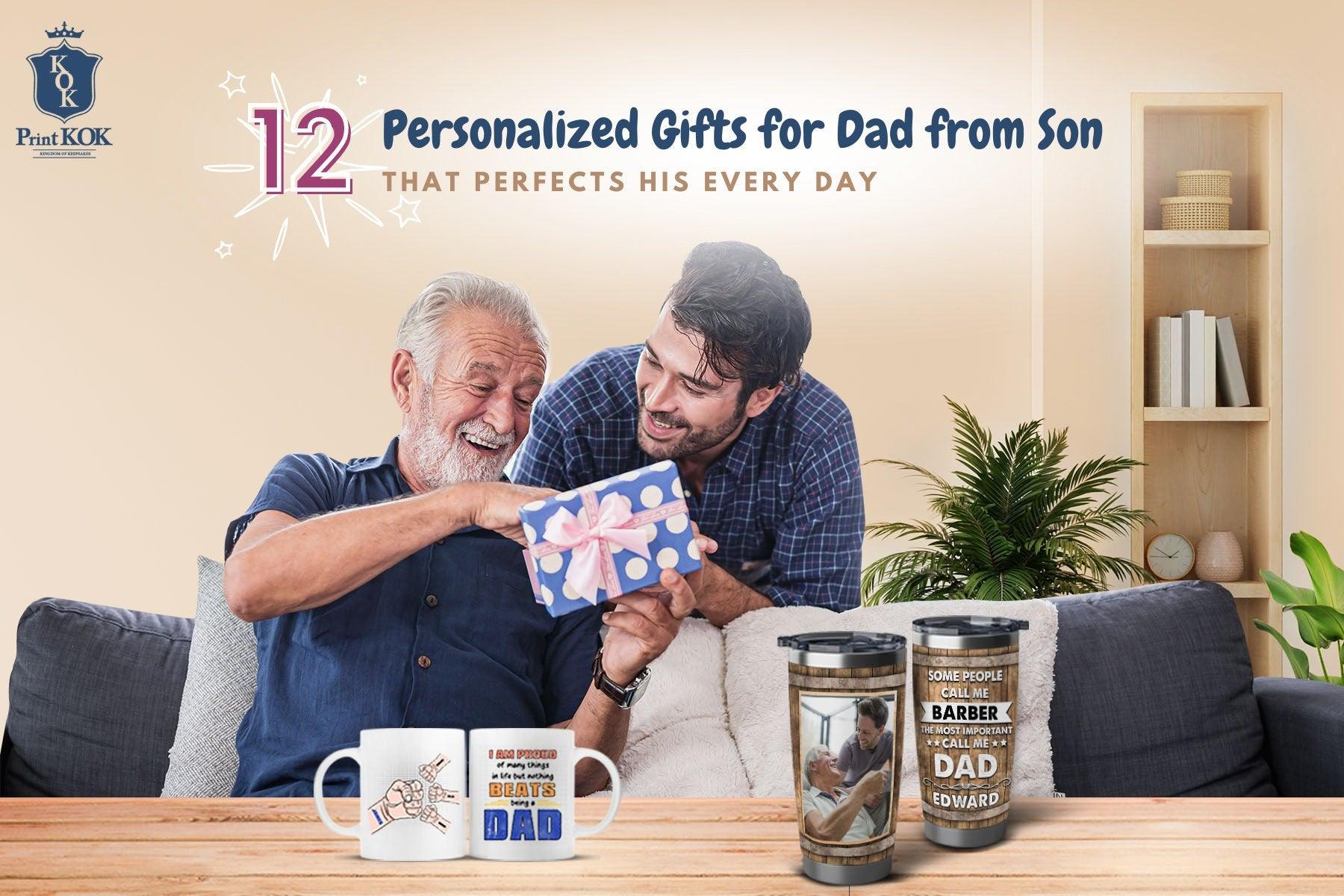 A heartwarming personalized gift for dad from his son, like a customized mug or custom photo tumbler.