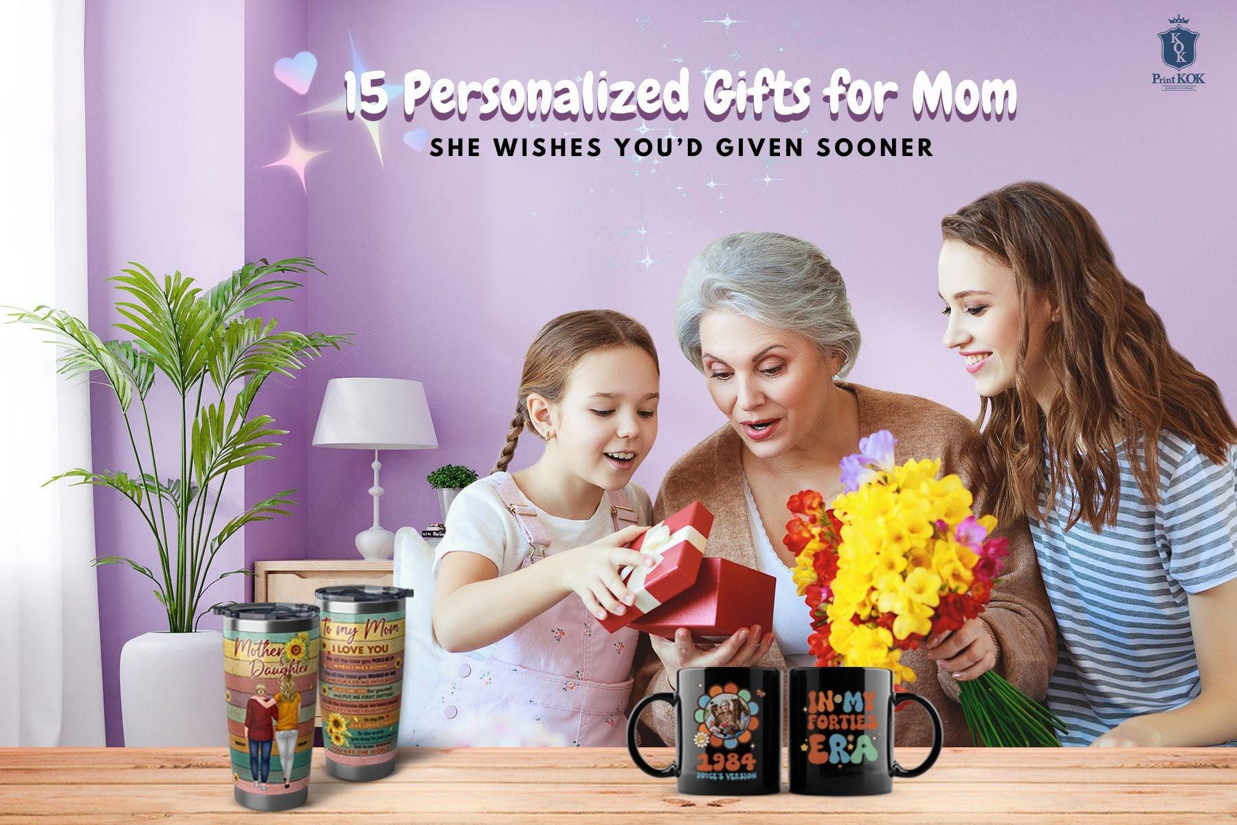 Personalized gifts for mom from daughter: custom photo pillow, tumbler, a coffee mug with text/photo upload, and more.