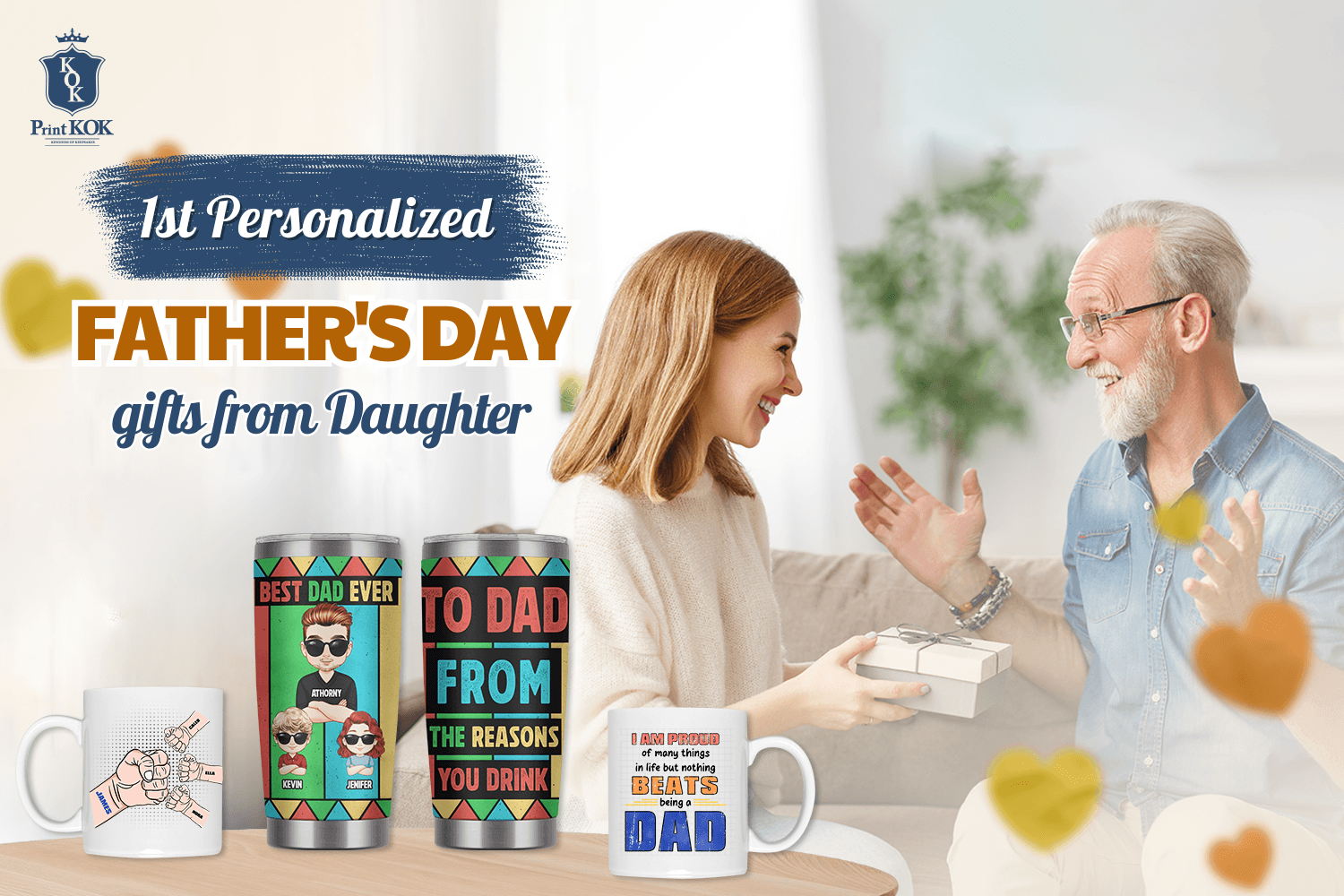 Father and daughter celebrating with personalized Father's Day gifts.