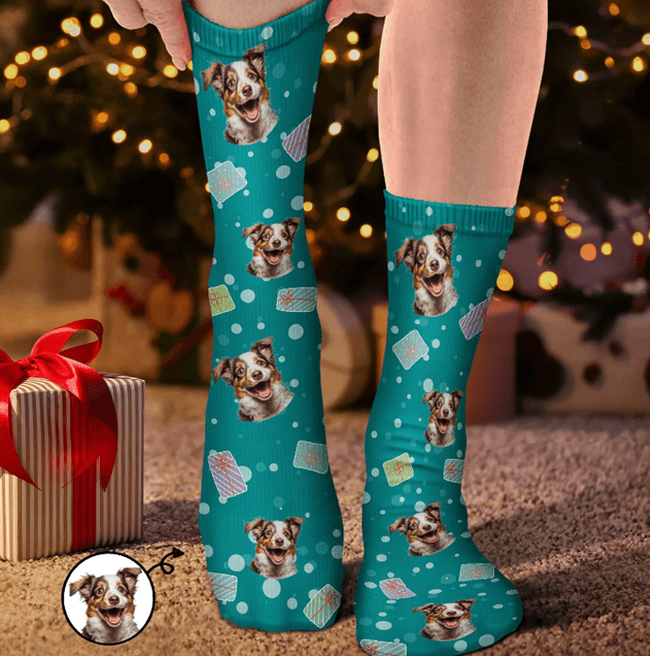 Personalized turquoise socks with custom dog face