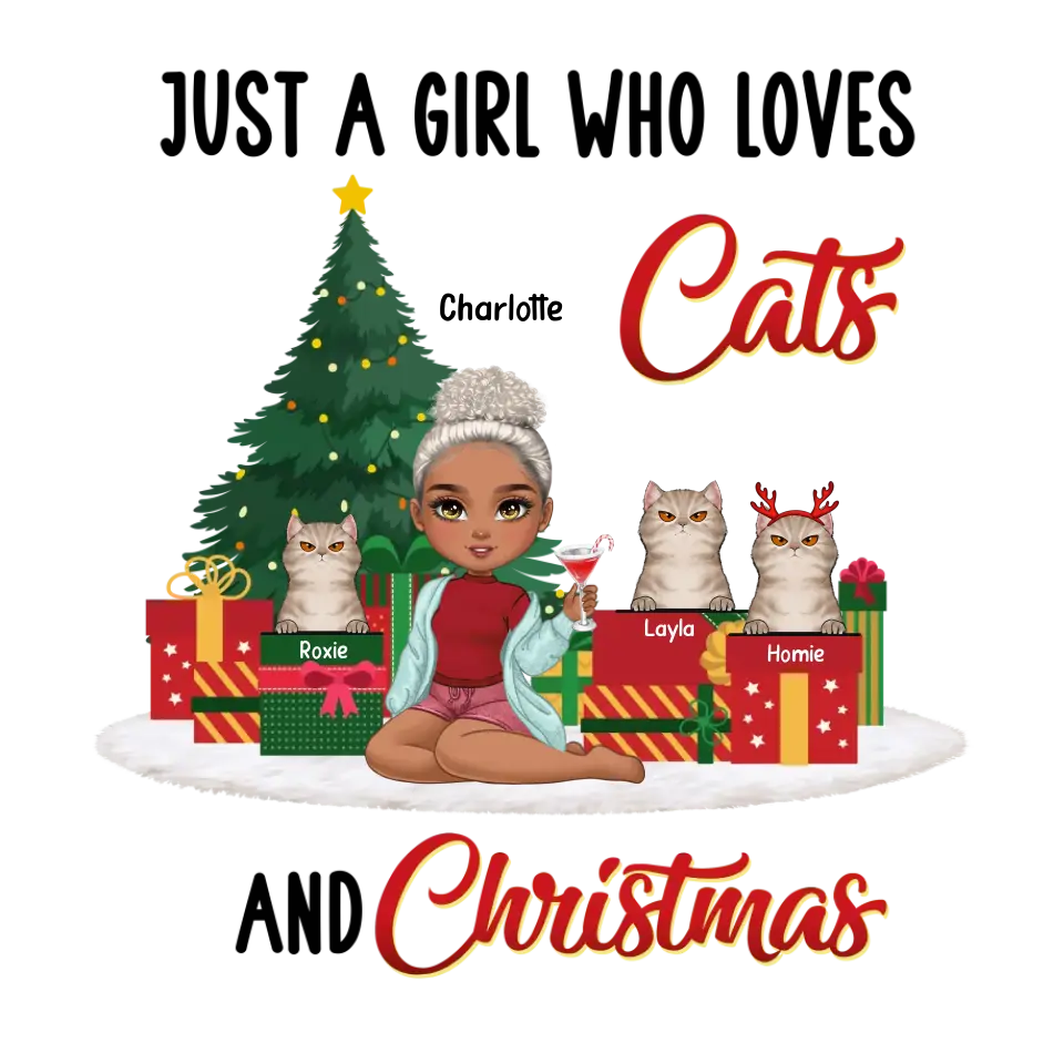 A Girl Who Loves Cats & Christmas - Custom Quote - Personalized Gifts For Cat Lovers - T-shirt