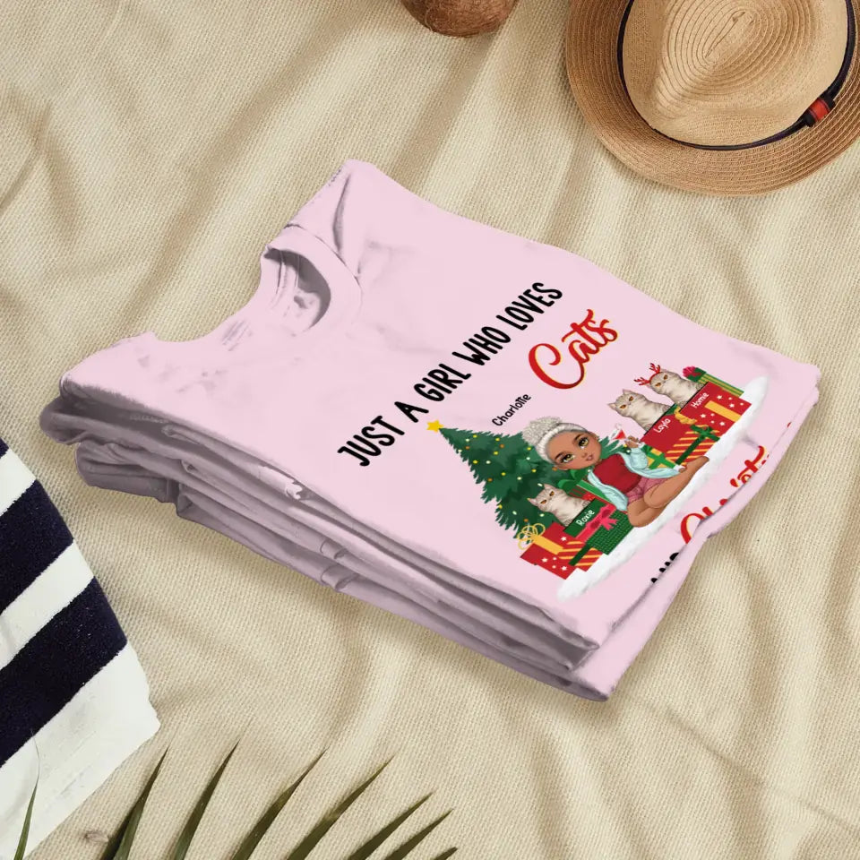 Just A Girl Who Loves Cats & Christmas - Custom Quote - Personalized Gifts For Cat Lovers - T-shirt