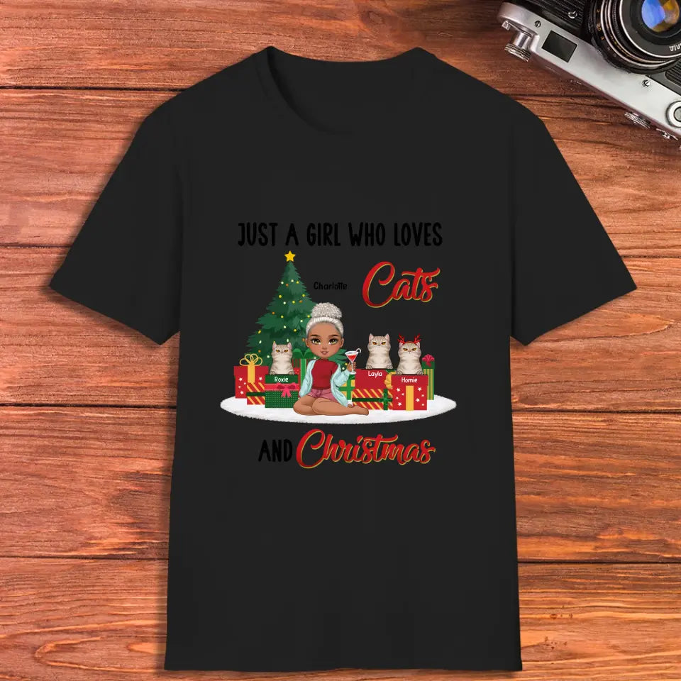 A Girl Who Loves Cats & Christmas - Custom Quote - Personalized Gifts For Cat Lovers - T-shirt