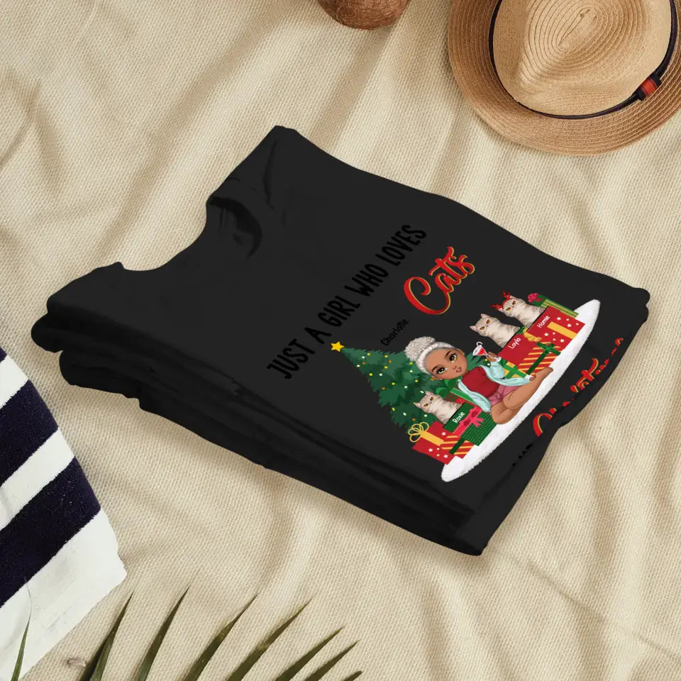 A Girl Who Loves Cats & Christmas - Custom Quote - Personalized Gifts For Cat Lovers - T-shirt