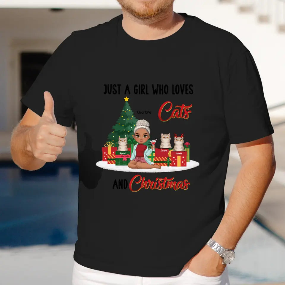 A Girl Who Loves Cats & Christmas - Custom Quote - Personalized Gifts For Cat Lovers - T-shirt