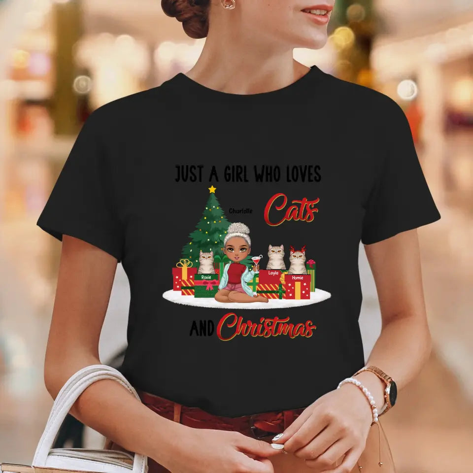 A Girl Who Loves Cats & Christmas - Custom Quote - Personalized Gifts For Cat Lovers - T-shirt