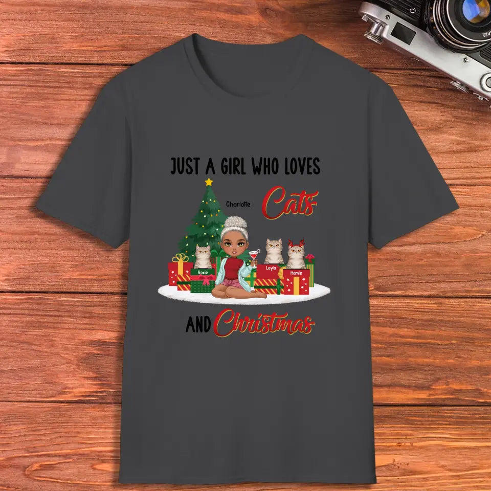 A Girl Who Loves Cats & Christmas - Custom Quote - Personalized Gifts For Cat Lovers - T-shirt