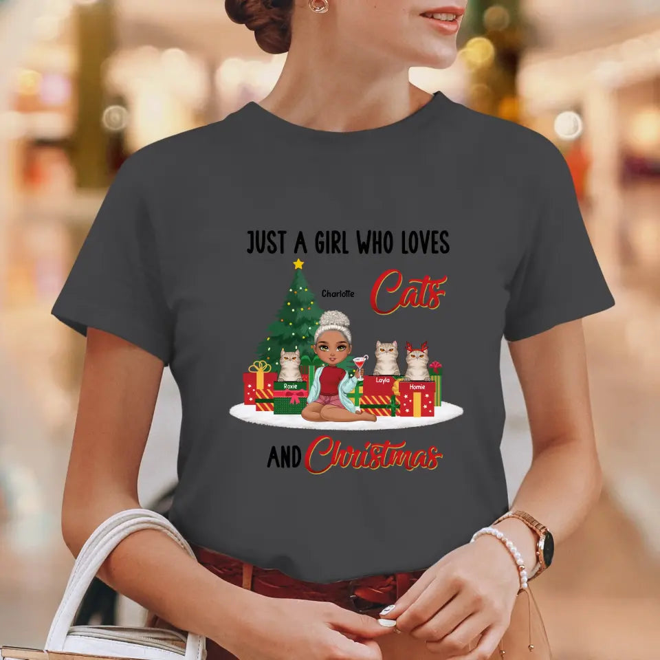 A Girl Who Loves Cats & Christmas - Custom Quote - Personalized Gifts For Cat Lovers - T-shirt