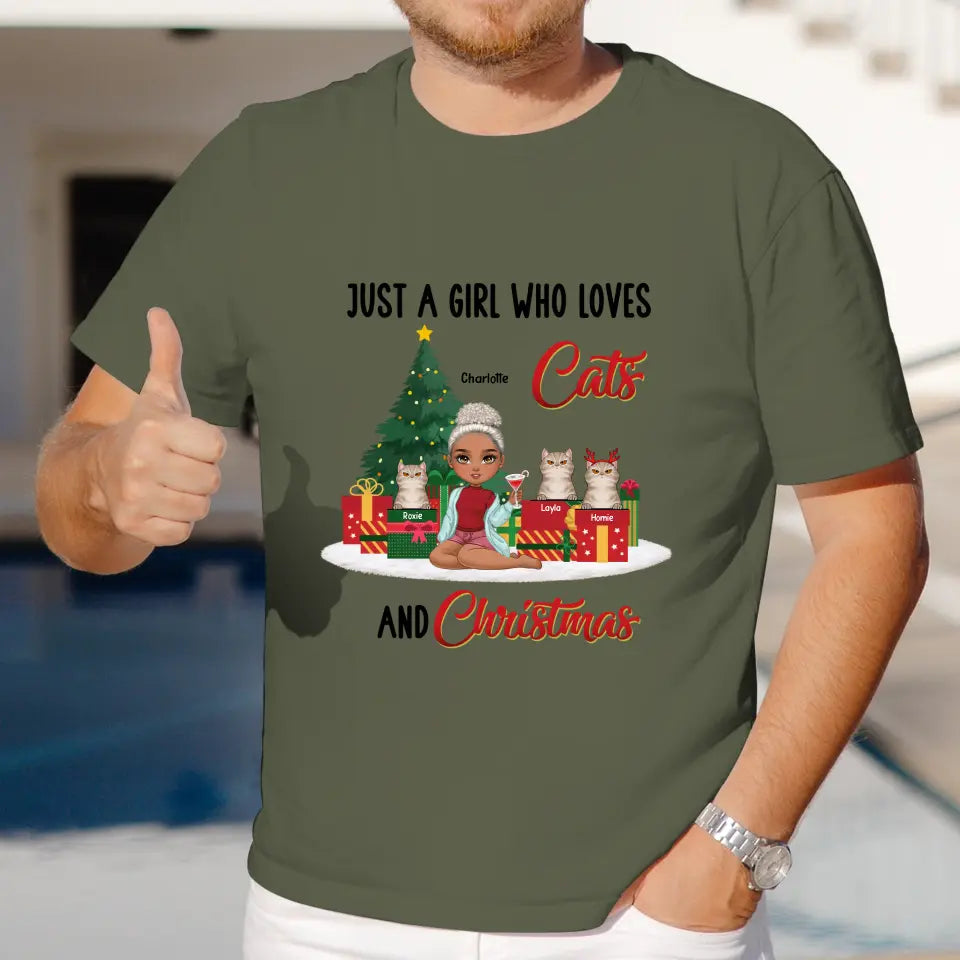 A Girl Who Loves Cats & Christmas - Custom Quote - Personalized Gifts For Cat Lovers - T-shirt