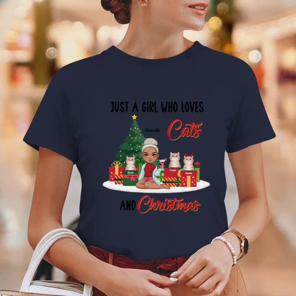 A Girl Who Loves Cats & Christmas - Custom Quote - Personalized Gifts For Cat Lovers - T-shirt