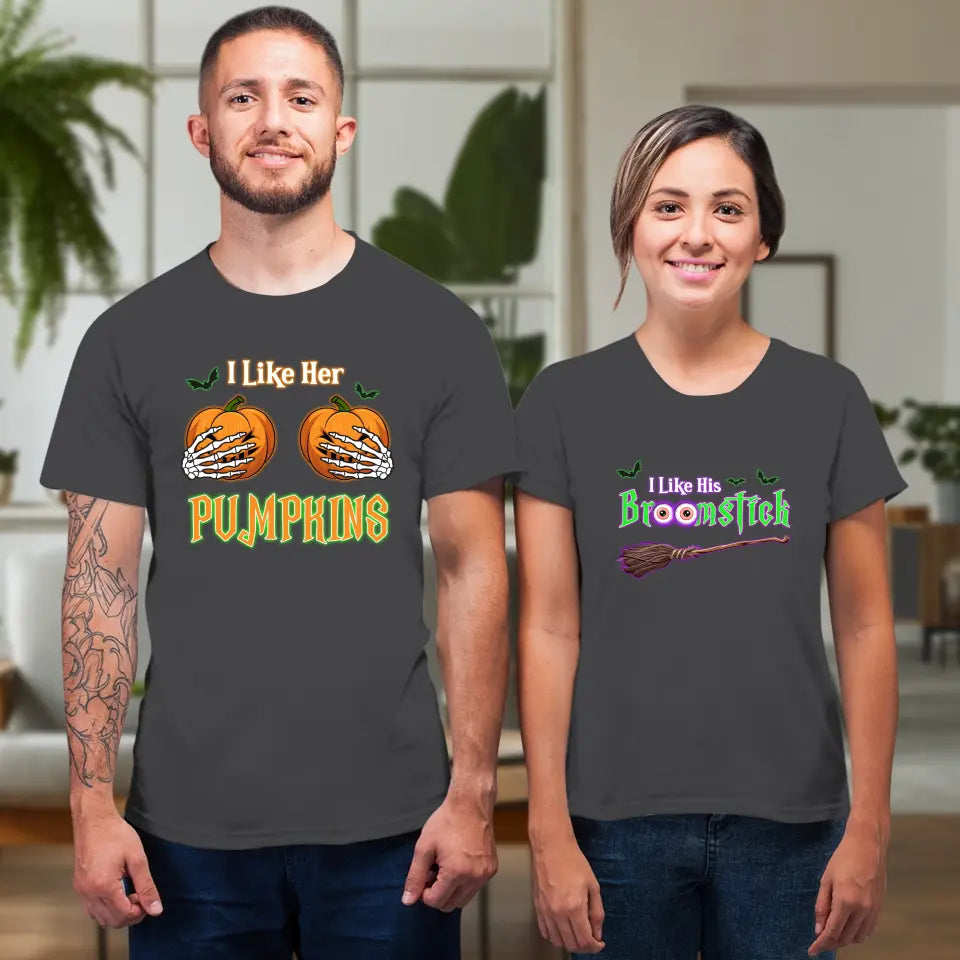 Broomstick & Pumpkins - Custom Pumpkin - Personalized Gifts For Couple - T-shirt