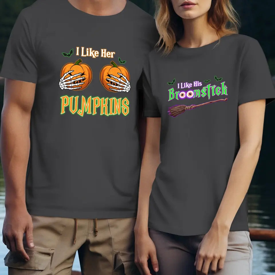 Broomstick & Pumpkins - Custom Pumpkin - Personalized Gifts For Couple - T-shirt