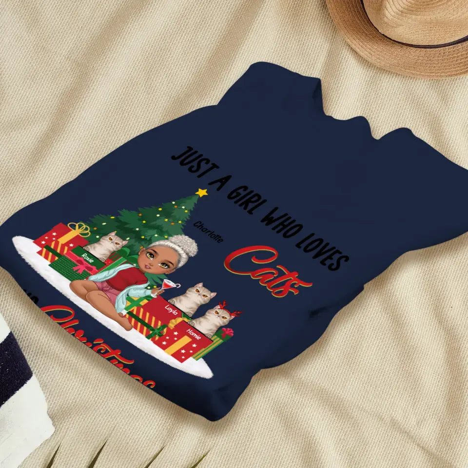 A Girl Who Loves Cats & Christmas - Custom Quote - Personalized Gifts For Cat Lovers - T-shirt