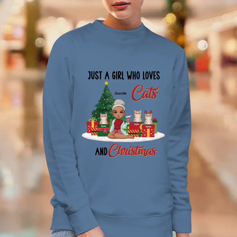 A Girl Who Loves Cats & Christmas - Custom Quote - Personalized Gifts For Cat Lovers - T-shirt