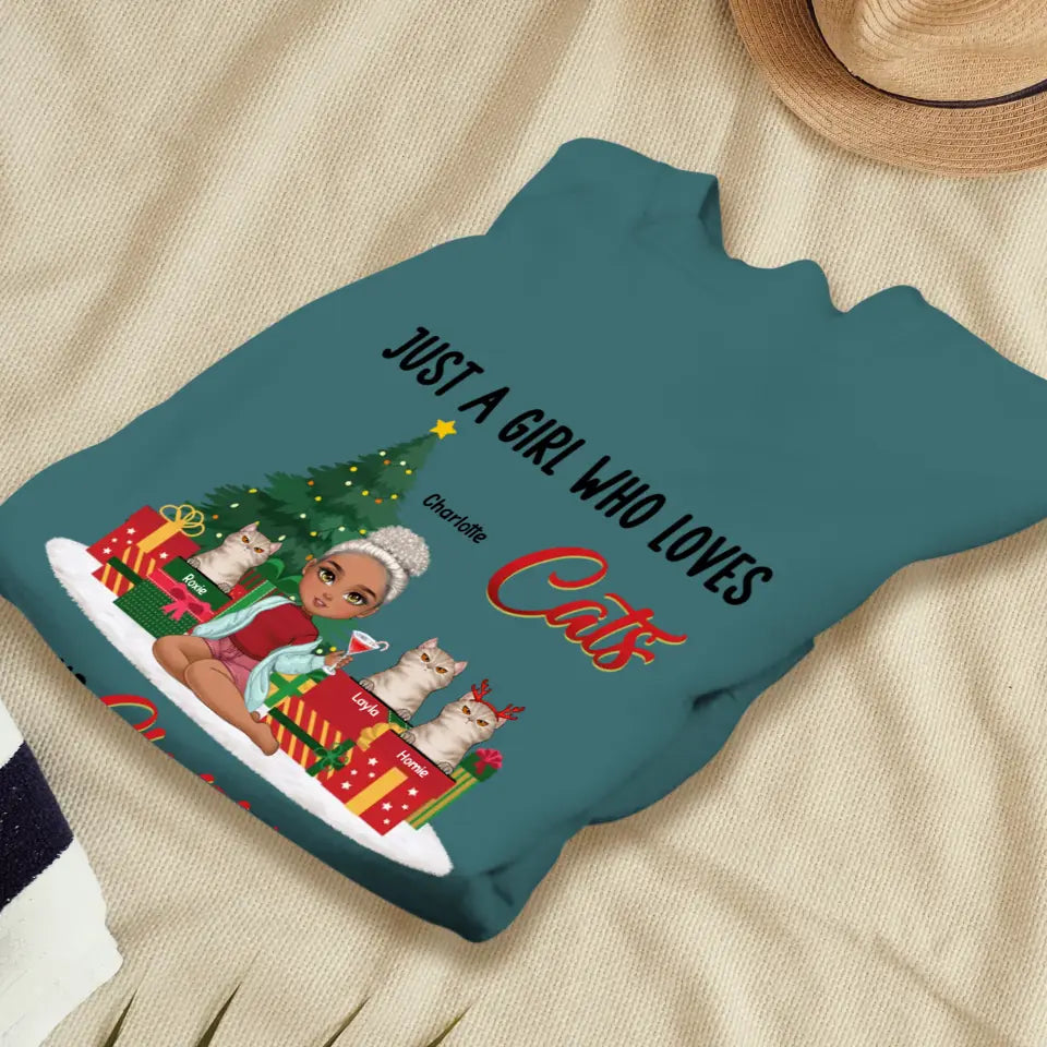 A Girl Who Loves Cats & Christmas - Custom Quote - Personalized Gifts For Cat Lovers - T-shirt