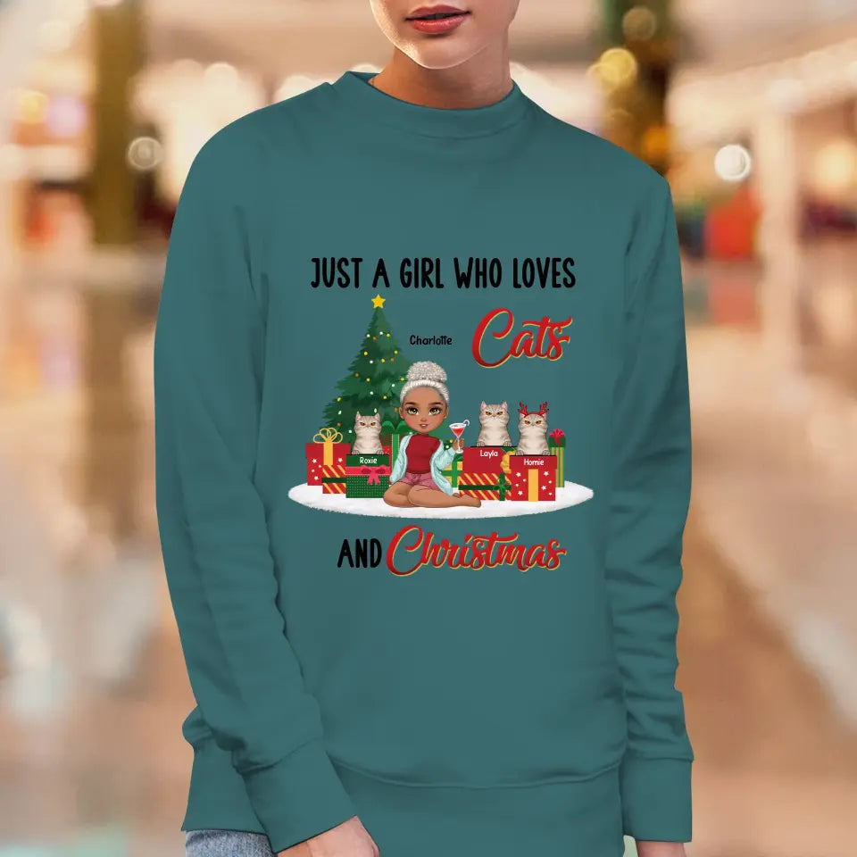 A Girl Who Loves Cats & Christmas - Custom Quote - Personalized Gifts For Cat Lovers - T-shirt