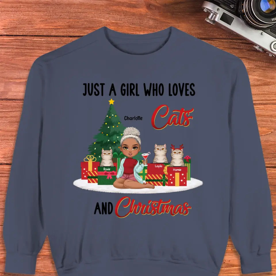 A Girl Who Loves Cats & Christmas - Custom Quote - Personalized Gifts For Cat Lovers - T-shirt