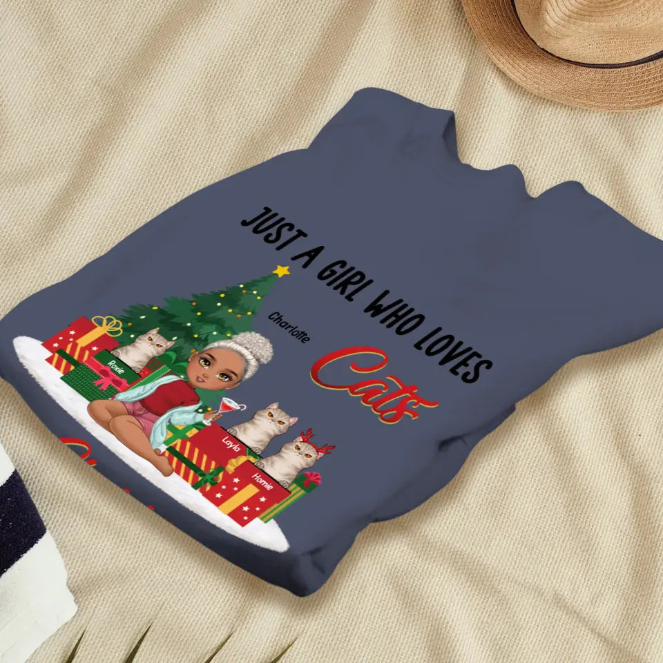 A Girl Who Loves Cats & Christmas - Custom Quote - Personalized Gifts For Cat Lovers - T-shirt