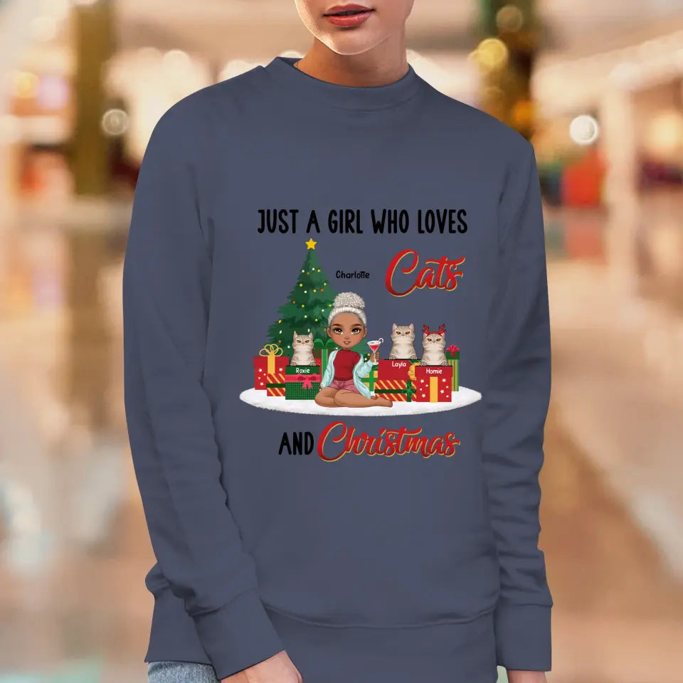 A Girl Who Loves Cats & Christmas - Custom Quote - Personalized Gifts For Cat Lovers - T-shirt