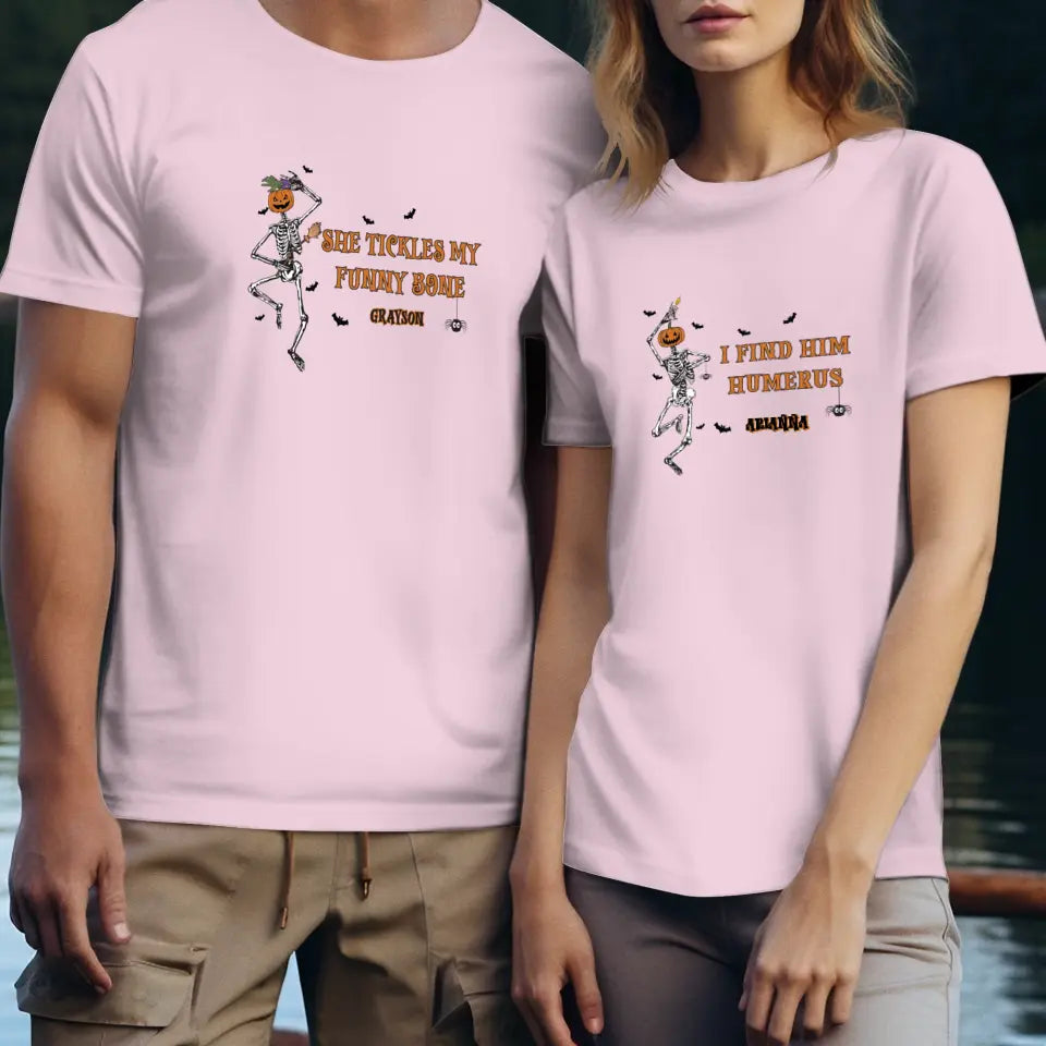 She Tickles My Funny Bone - Custom Name - Personalized Gifts for Couples - T-Shirt