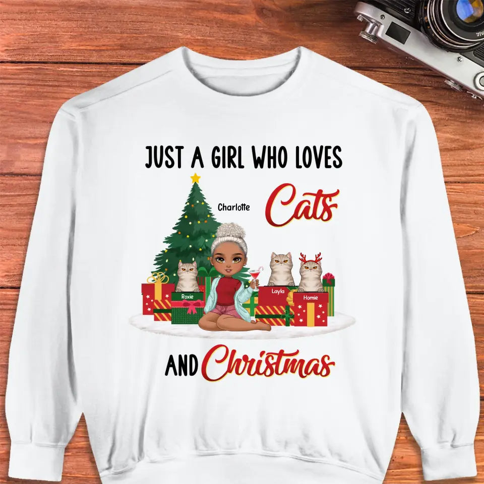 Just A Girl Who Loves Cats & Christmas - Custom Quote - Personalized Gifts For Cat Lovers - T-shirt