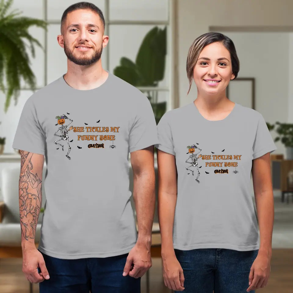 She Tickles My Funny Bone - Custom Name - Personalized Gifts for Couples - T-Shirt