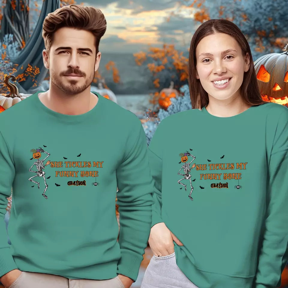 She Tickles My Funny Bone - Custom Name - Personalized Gifts for Couples - Sweater