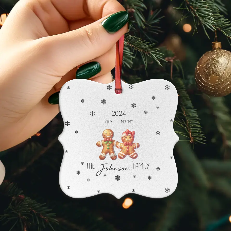 The Gingerbread Family With Snowflakes - Custom Name - Ornament