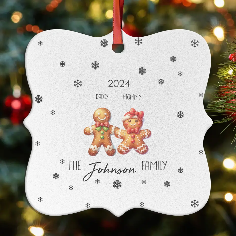 The Gingerbread Family With Snowflakes - Custom Name - Ornament