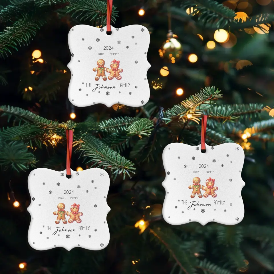 The Gingerbread Family With Snowflakes - Custom Name - Ornament