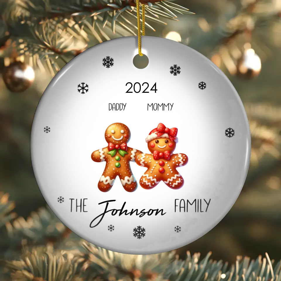 The Gingerbread Family With Snowflakes - Custom Name - Ornament