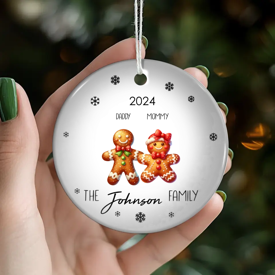 The Gingerbread Family With Snowflakes - Custom Name - Ornament