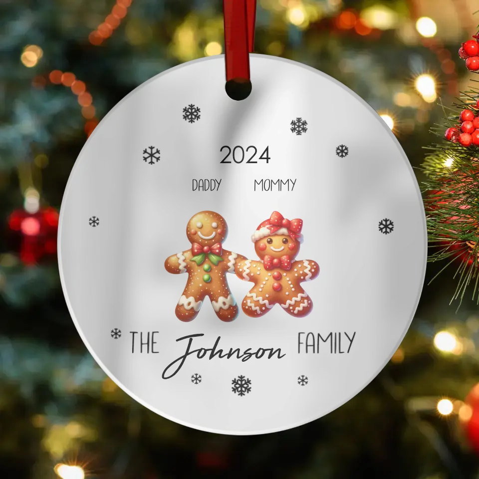 The Gingerbread Family With Snowflakes - Custom Name - Ornament