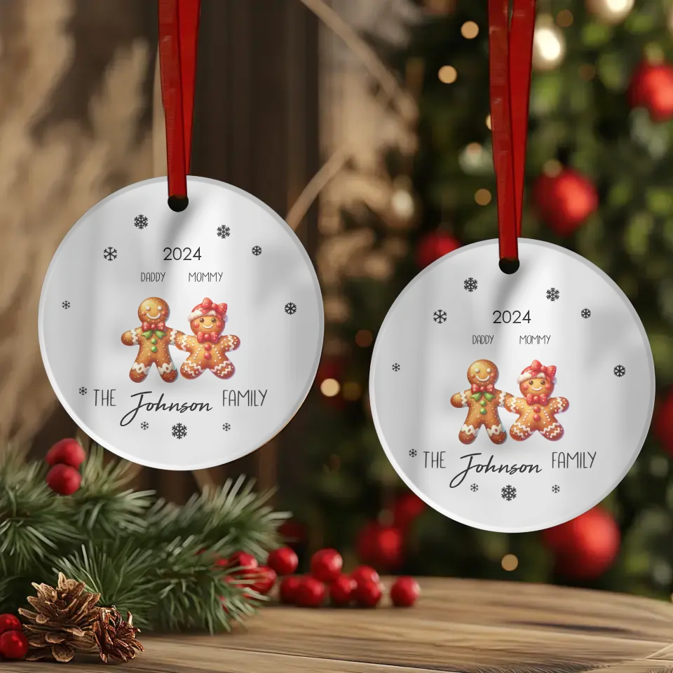 The Gingerbread Family With Snowflakes - Custom Name - Ornament