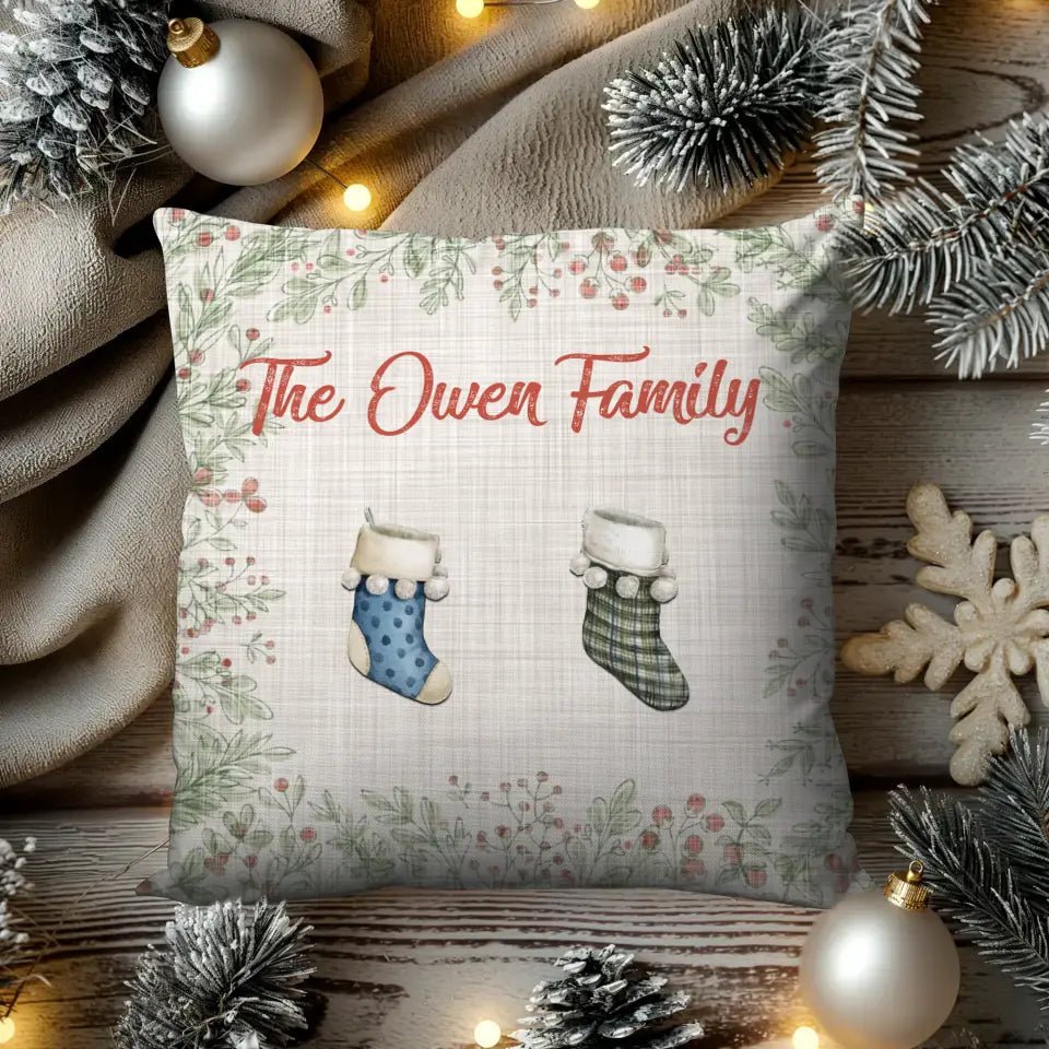 Christmas Stocking Family E - Custom Name - Pillow