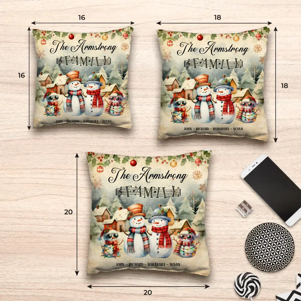 Snowman Family - Custom Name - Pillow