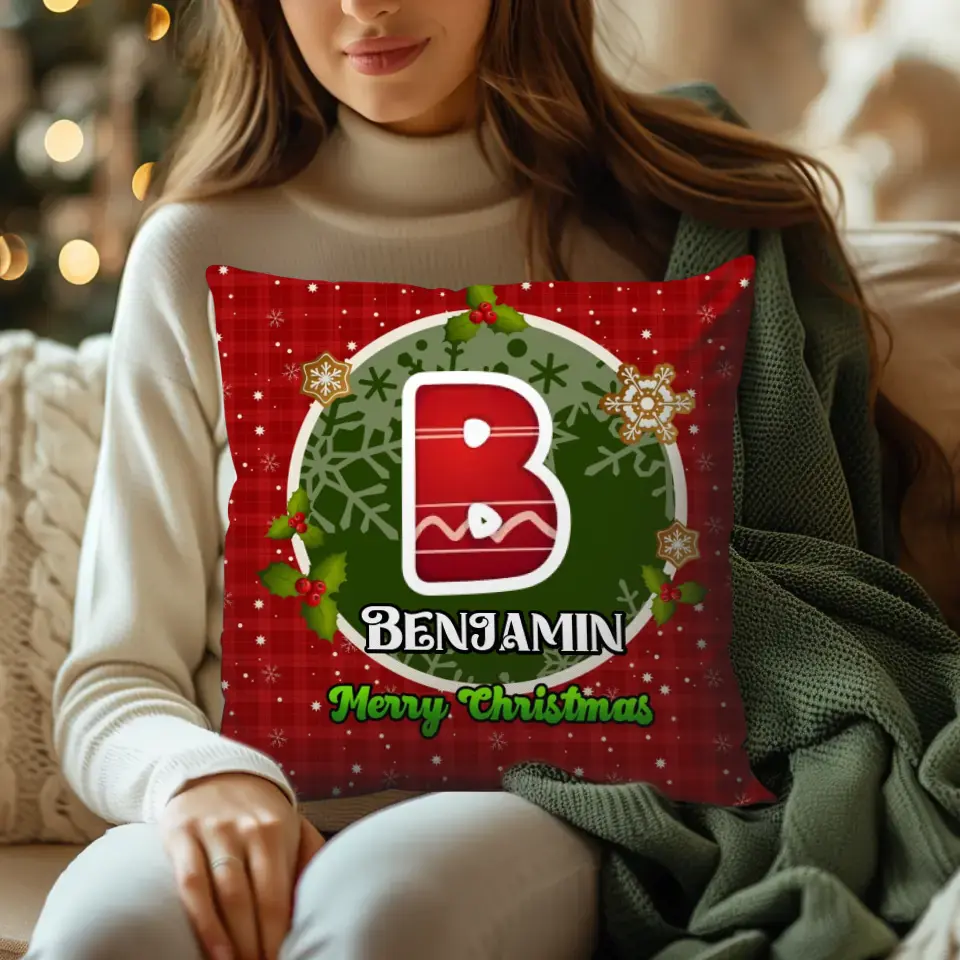 Alphabet Name Xmas With Red Background - Custom Name - Pillow