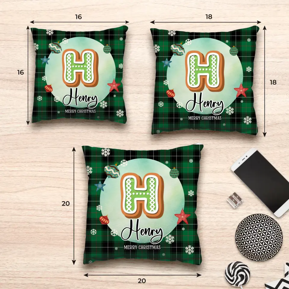 Alphabet Name Xmas With Green Plaid Pattern - Custom Name - Pillow