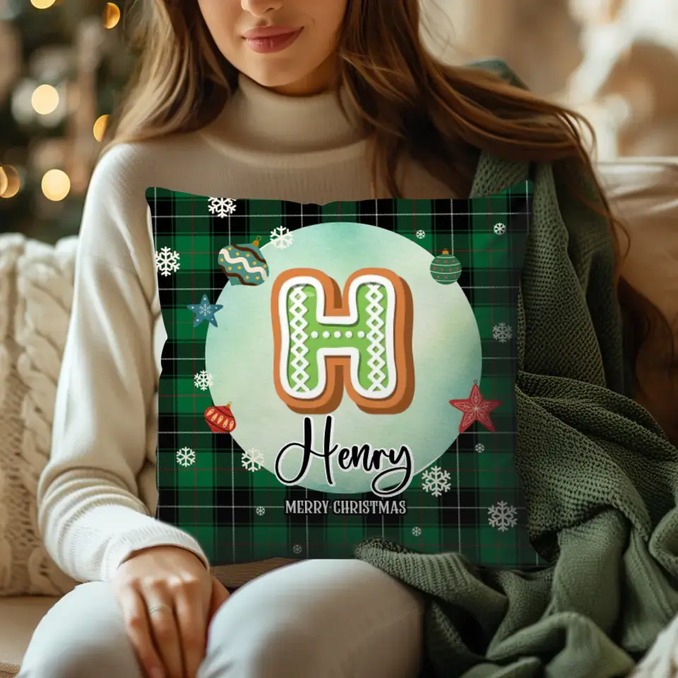 Alphabet Name Xmas With Green Plaid Pattern - Custom Name - Pillow