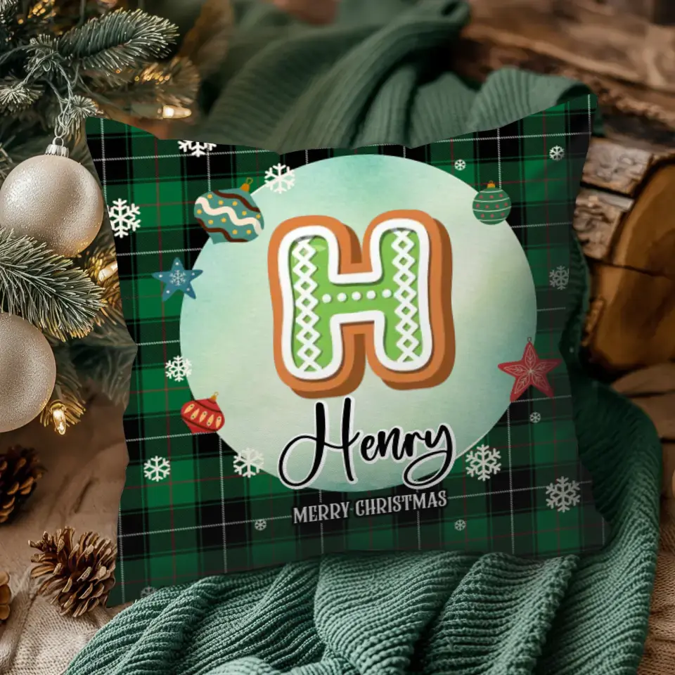 Alphabet Name Xmas With Green Plaid Pattern - Custom Name - Pillow