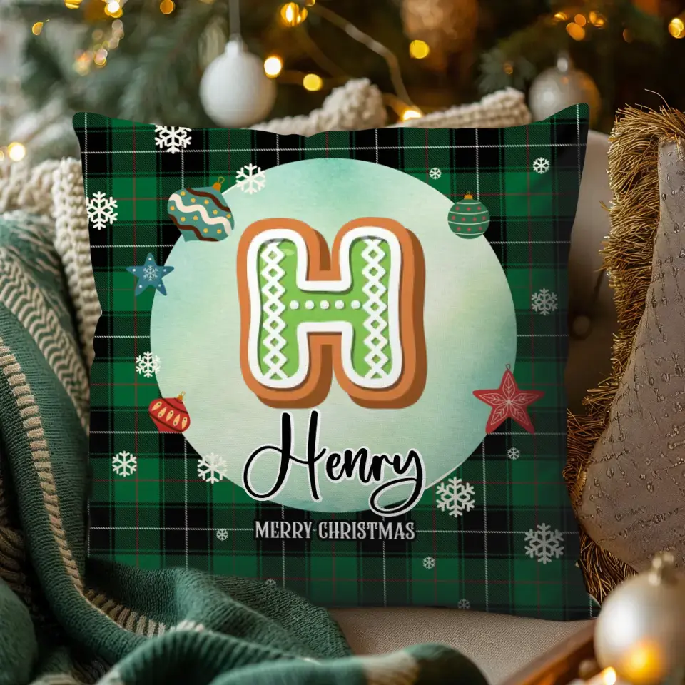 Alphabet Name Xmas With Green Plaid Pattern - Custom Name - Pillow