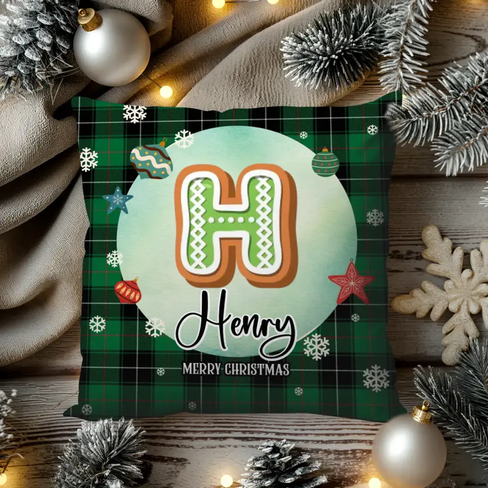 Alphabet Name Xmas With Green Plaid Pattern - Custom Name - Pillow