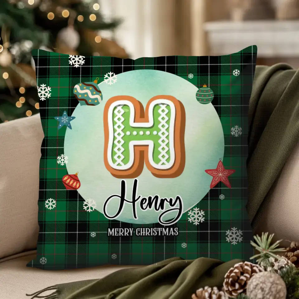 Alphabet Name Xmas With Green Plaid Pattern - Custom Name - Pillow