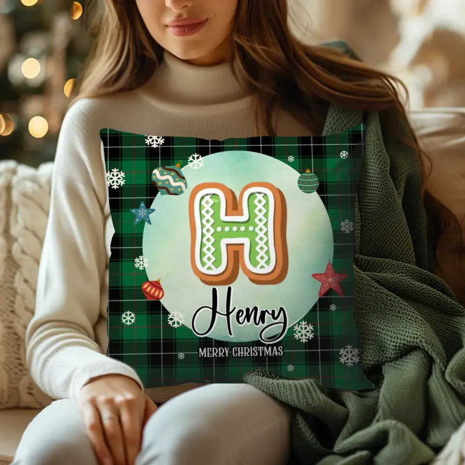 Alphabet Name Xmas With Green Plaid Pattern - Custom Name - Pillow