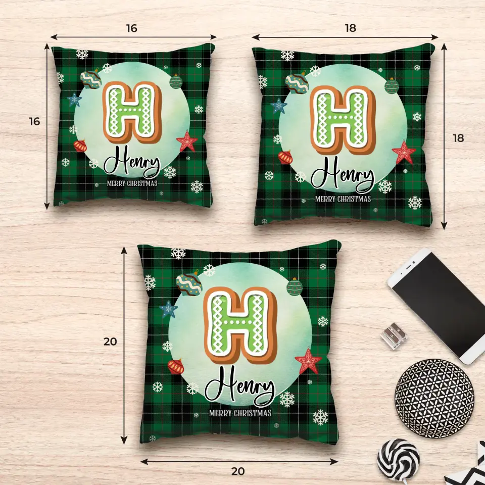 Alphabet Name Xmas With Green Plaid Pattern - Custom Name - Pillow