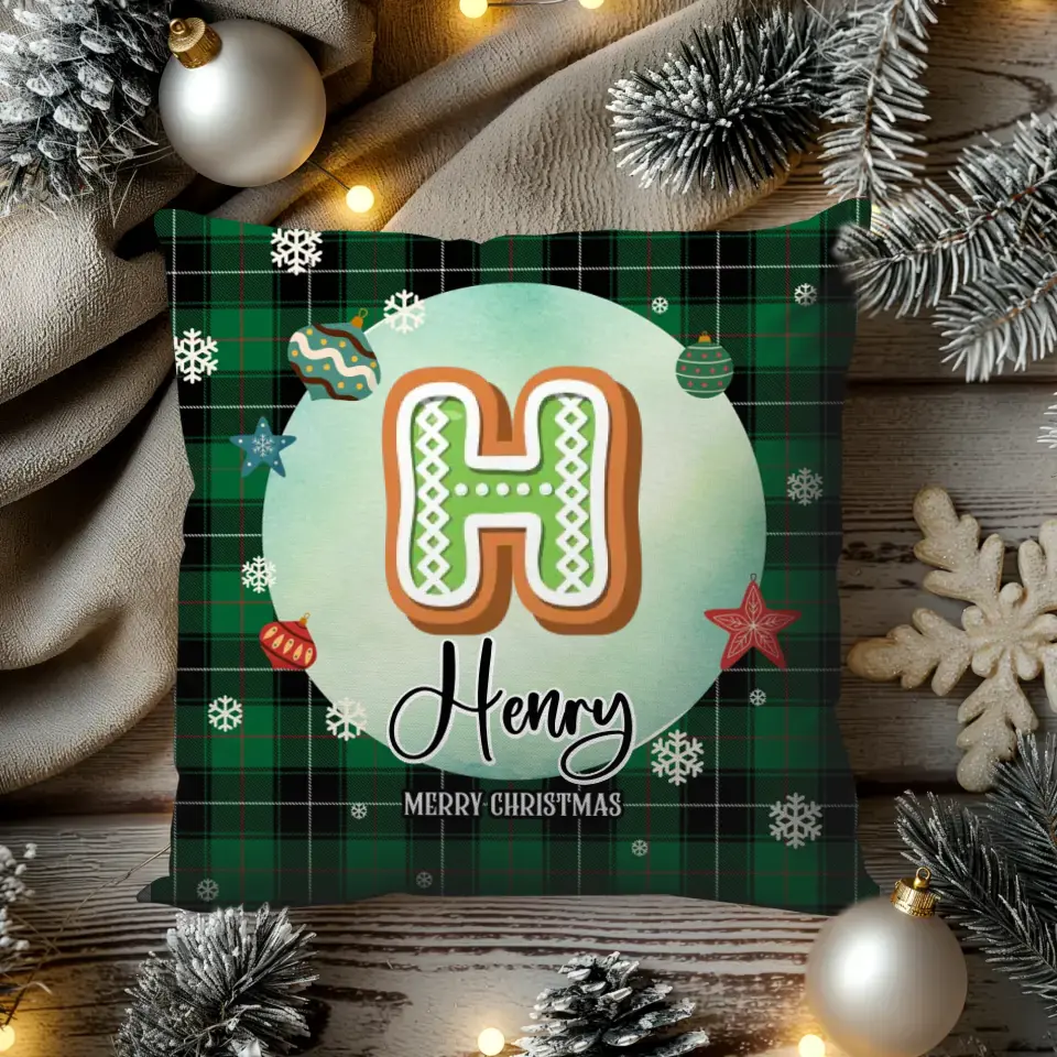 Alphabet Name Xmas With Green Plaid Pattern - Custom Name - Pillow