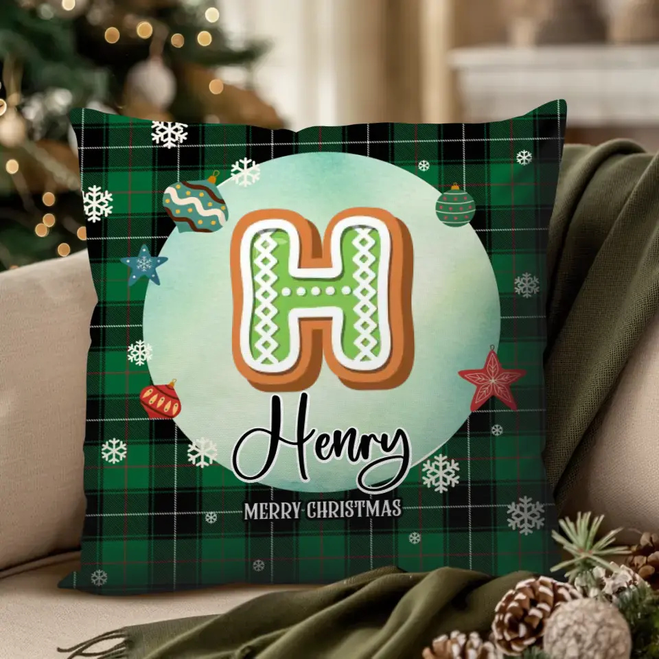 Alphabet Name Xmas With Green Plaid Pattern - Custom Name - Pillow