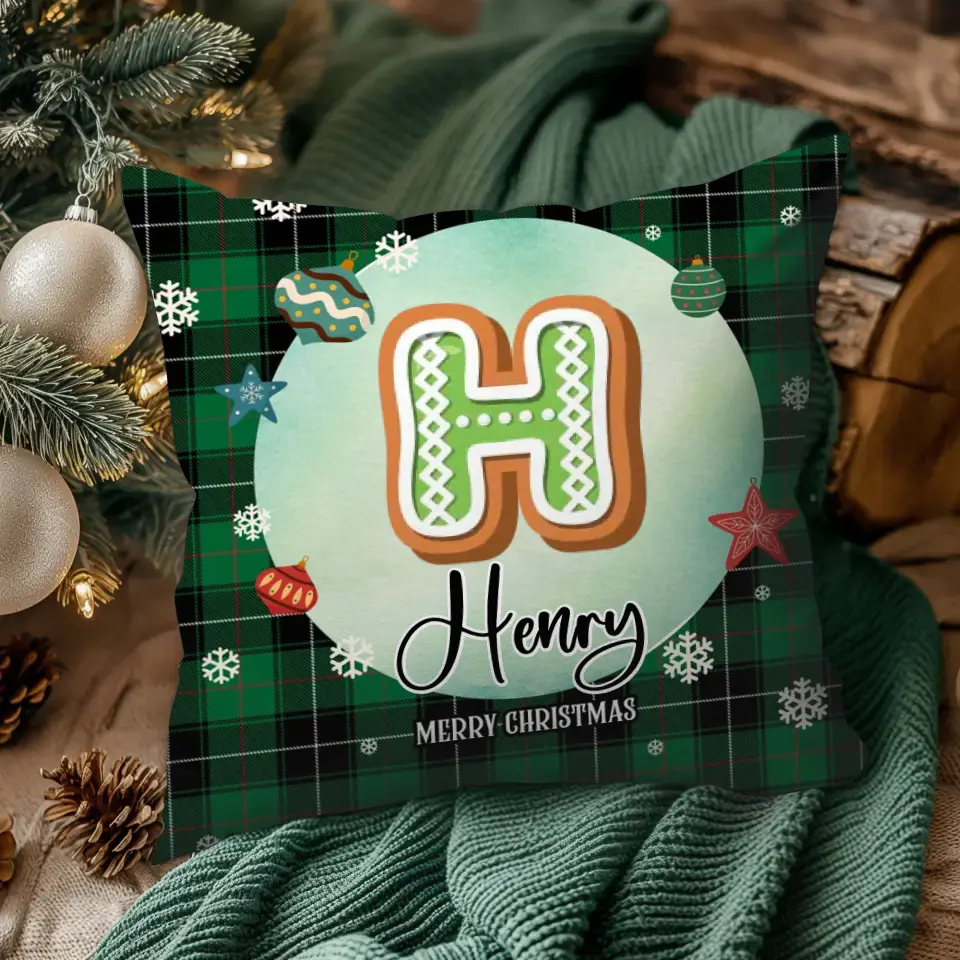 Alphabet Name Xmas With Green Plaid Pattern - Custom Name - Pillow