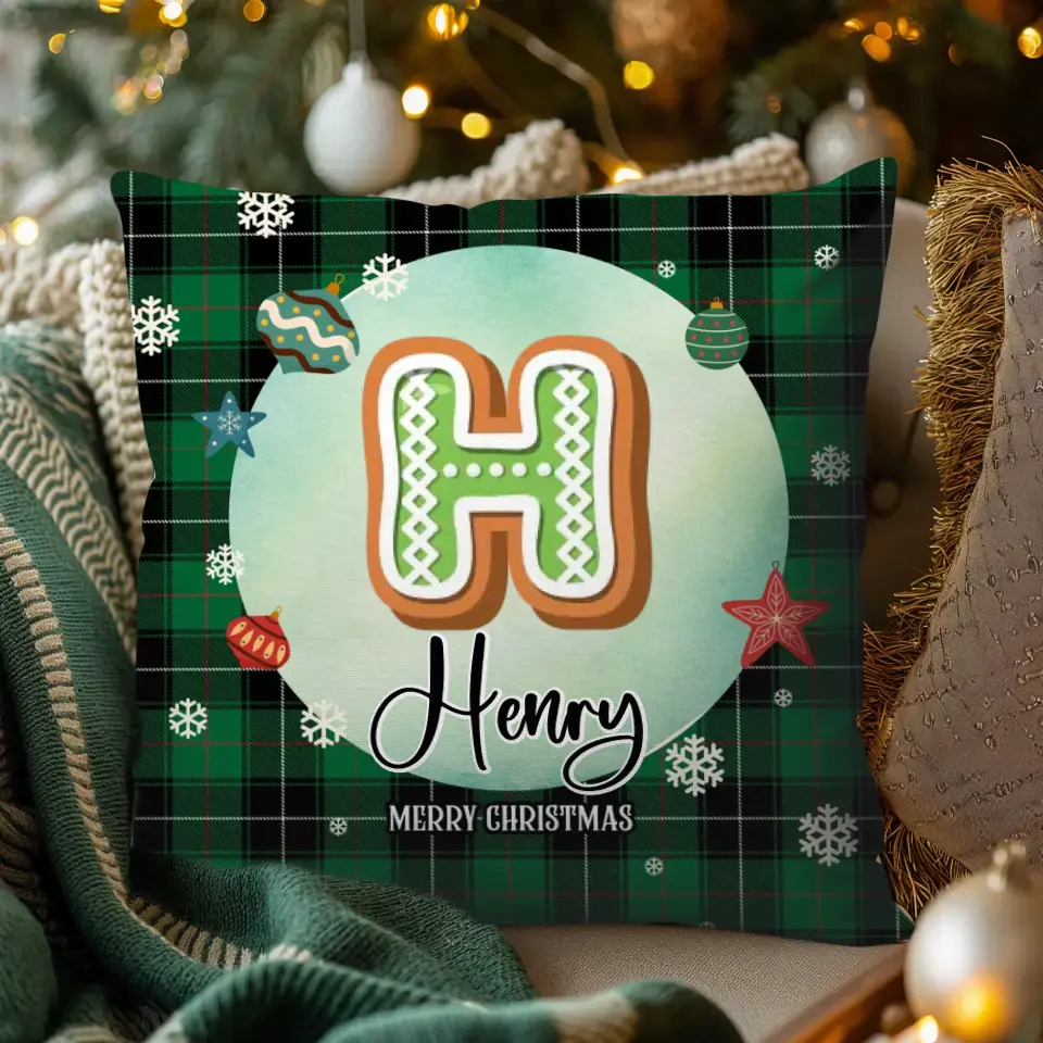 Alphabet Name Xmas With Green Plaid Pattern - Custom Name - Pillow