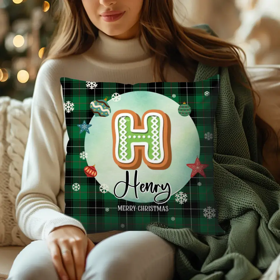 Alphabet Name Xmas With Green Plaid Pattern - Custom Name - Pillow